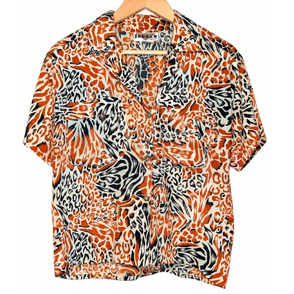 Vintage 80s Jordan Petite Animal Print Blouse Orange Black Leopard Button Front - Picture 2 of 6